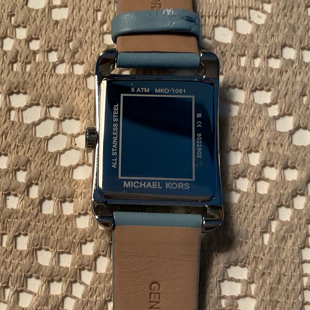Michael Kors Watch MKO-1061 Women’s Silver Square Blue Strap ~Petite Monroe~NIB - Picture 2 of 6